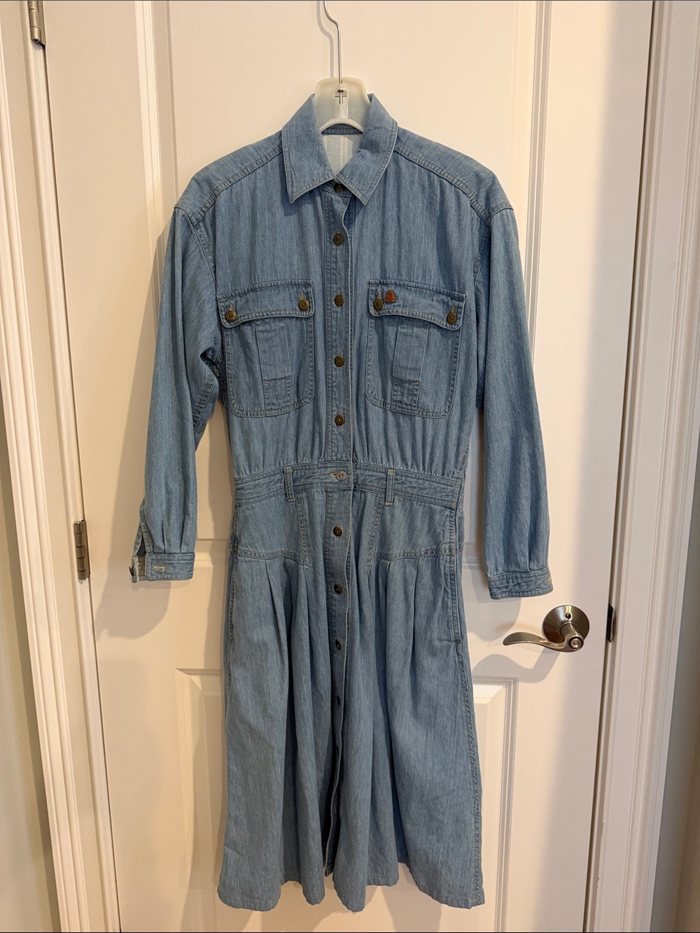 Liz Claiborne Light Blue Denim Dress with Tan Leather Patch